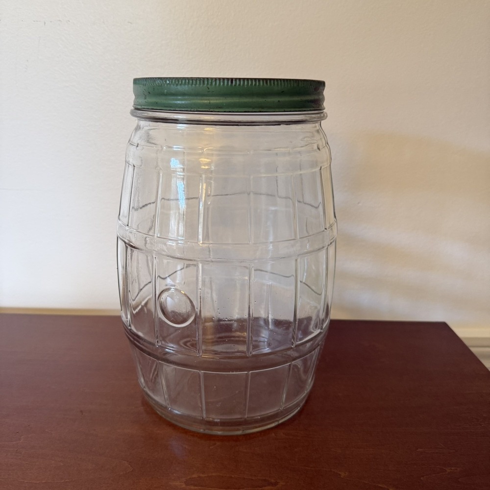 Vintage Barrel Shaped Pickle Jar Clear Glass Green Metal Lid 9 7/8" H
